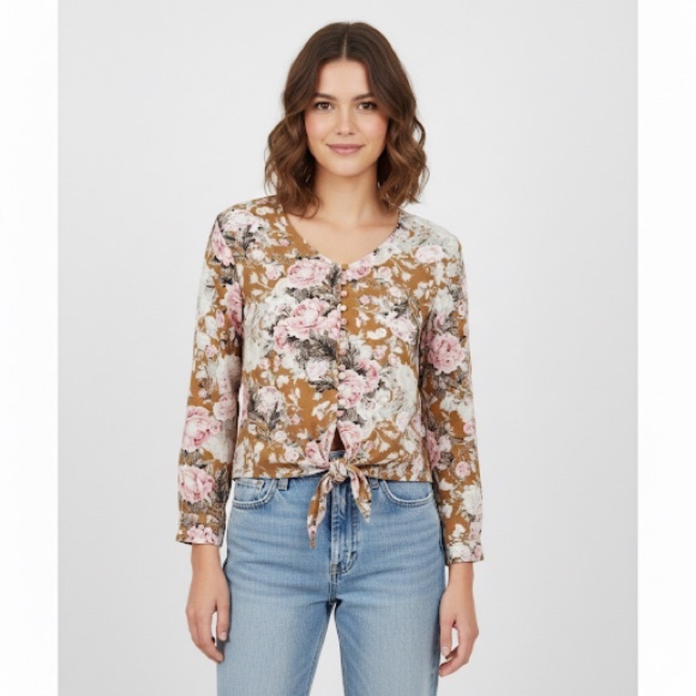 Soft Surroundings Floral Blouse Tie Front Button Large